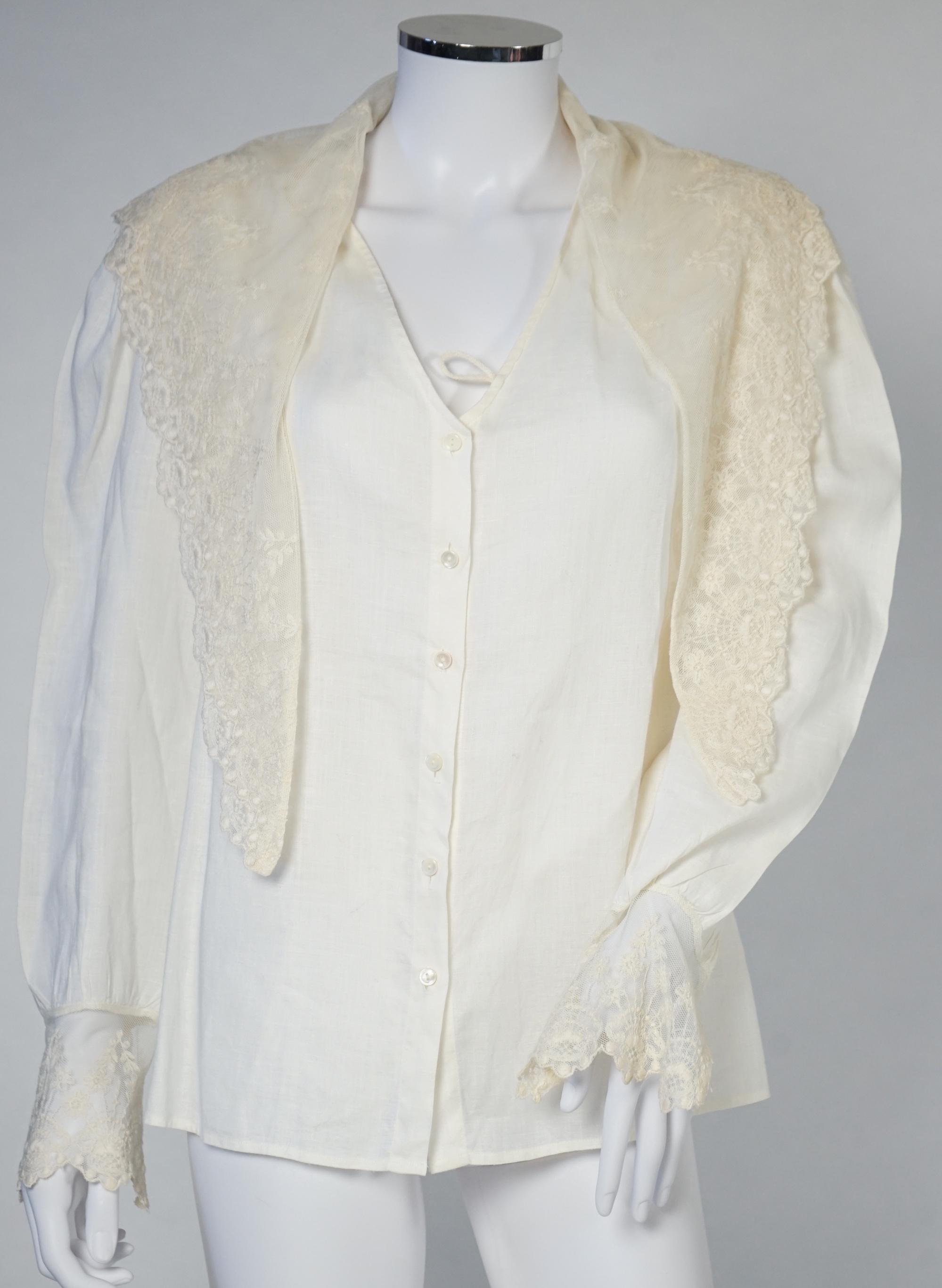 Two Ralph Lauren cotton blouses with lace detail, cream size 10, floral stripe size 8